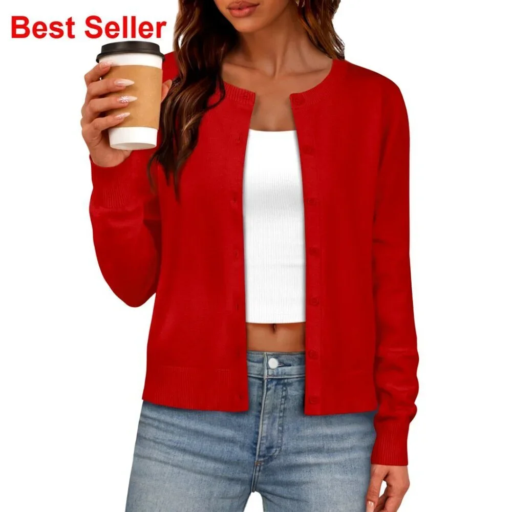 Lightweight Cardigan Sweater Crew Neck Long Sleeve Button Down Knit Top